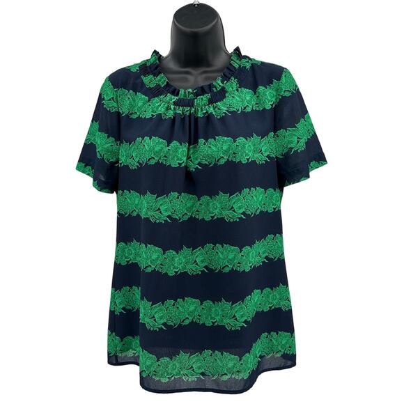 J.Crew Ruffle Crew Neck Top WMN 4 Navy Blue/Green Beanstalk Stripe A9171 Blouse - Picture 1 of 11